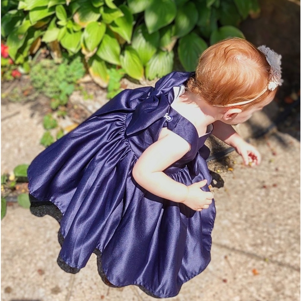 Navy blue satin baby girl toddler bridesmaid flower girl formal dress.